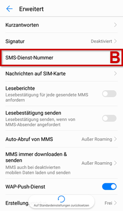 In erweiterten Nachrichteneinstellungen, SMS-Dienst-Nummer markiert