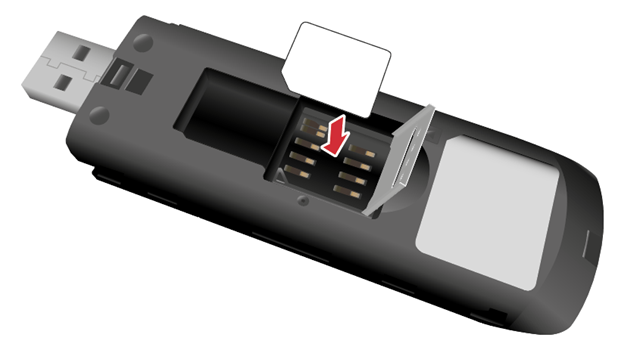 Roter Pfeil zeigt, SIM-Karte mit Kontakten nach unten und abgeflachte Ecke zeigt in Richtung des USB-Steckers.