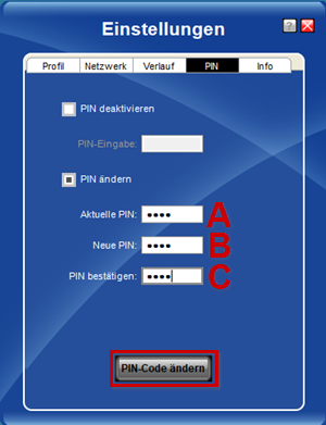 Einstellungen, PIN: Eingabefelder, PIN-Code ändern markiert