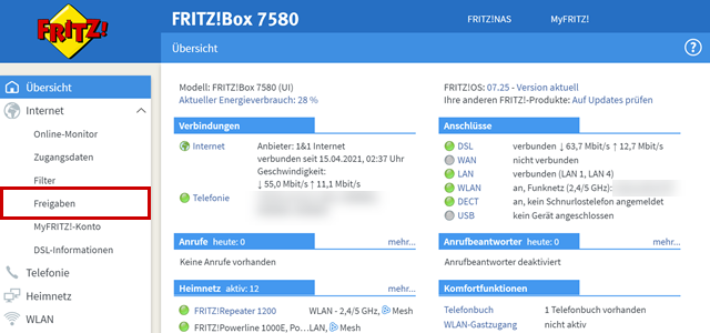 Unter dem FRITZ!OS Menü ist Freigaben markiert