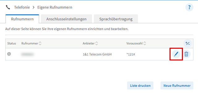 Liste eingerichteter Rufnummern, Bearbeiten-Button neben einer aktiven Festnetznummer hervorgehoben