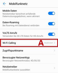 Wi-Fi Calling (A) ist mit rotem A hervorgehoben