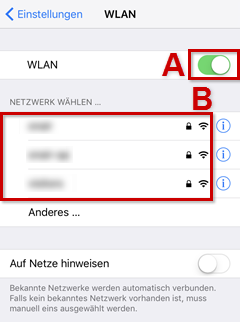 WLAN-Schieberegler mit rotem A und rotem Icon-, Netzwerke wählen mit rotem B und rotem Icon hervorgehoben