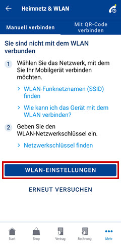 Manuelle WLAN-Verbindung: Einstellungen öffnen hervorgehoben
