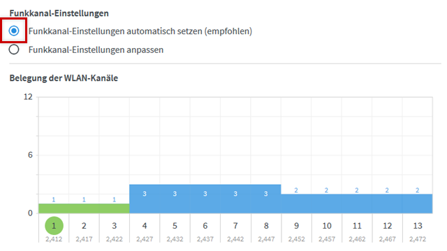 Funkkanal-Einstellungen, Funkkanal-Einstellungen automatisch setzen markiert