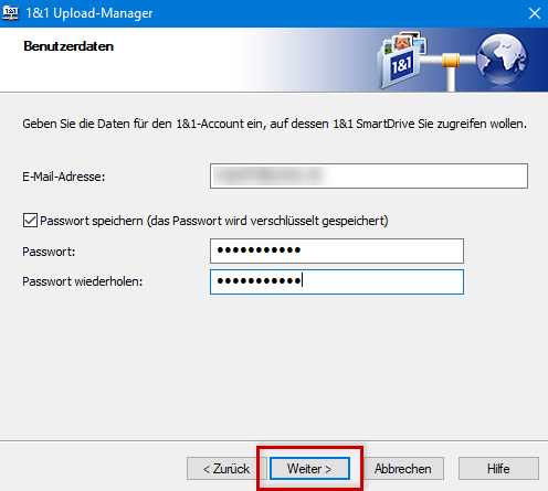 Upload-Manager: Einrichtungs-Assistent, Cloud Zugangsdaten, Weiter markiert