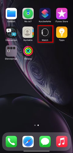 Startbildschirm auf dem iPhone, Watch Icon ist hervorgehoben