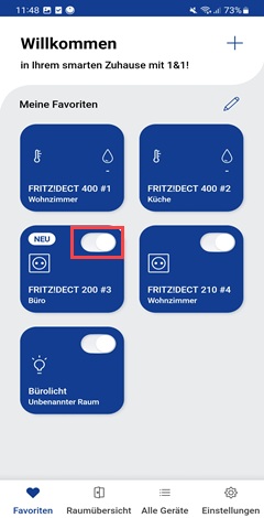 Basisfunktionen in der Favoritenansicht der 1&1 Smart-Home-App