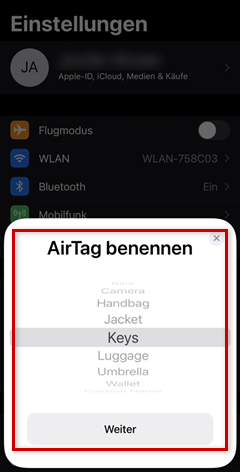 Benennung AirTag hervorgehoben
