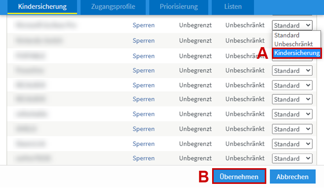 Aktivierung Kindersicherung, "Status-Auswahlliste" A und "Übernehmen" B sind mit rotem Rand hervorgehoben.