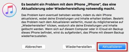 iOS-Hinweis mit Optionen zur Fehlerbehebung, Button zur Aktualisierung hervorgehoben