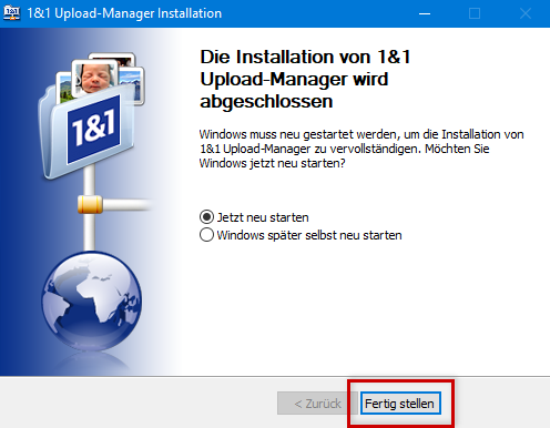 Upload-Manager: Installations-Assistent, Fertig stellen markiert