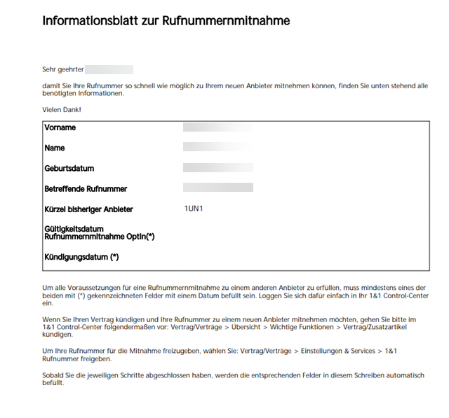 Informationsblatt zur Rufnummernmitnahme für Privatkunden mit Kundendaten.