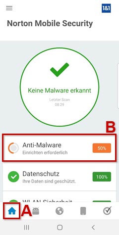 Startbildschirm mit Rahmen um das Haus und Anti-Malware.