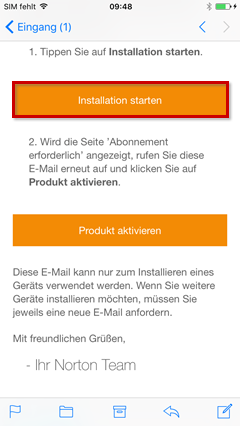 Installation über E-Mail starten hervorgehoben