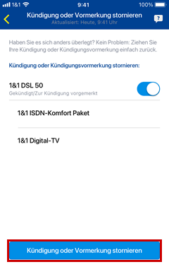 "Kündigung oder Vormerkung stornieren" ist mit rotem Rand hervorgehoben.