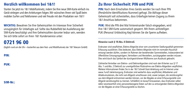 Faltblatt für SIM und eSIM mit PUK