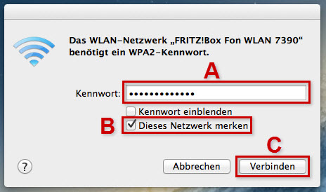 WLAN-Netzwerk: Kennworteingabe hervorgehoben