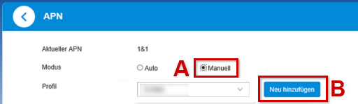 Einstellungen für APN, die Felder Manuell und Neu hinzufügen sind hervorgehoben