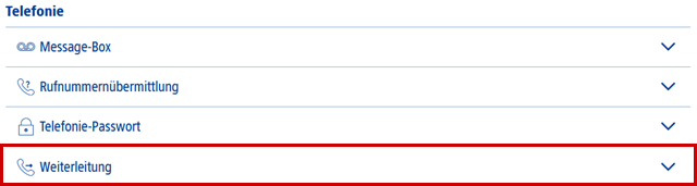 Vertragseinstellungen, Ausklappmenü-Titel für Weiterleitung hervorgehoben