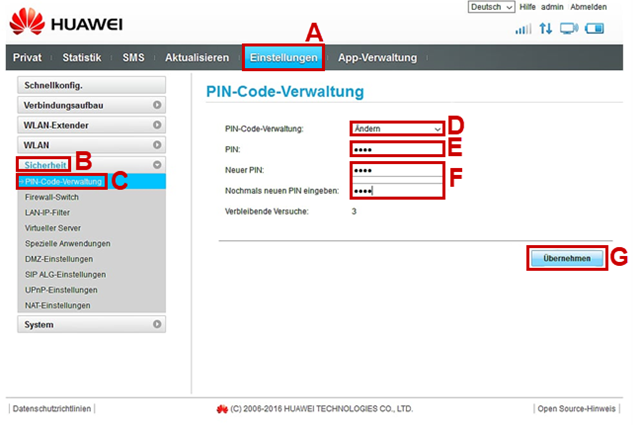 Oberfläche der Software, PIN-Code Verwaltung unter Einstellungen, Eingabe des neuen PIN