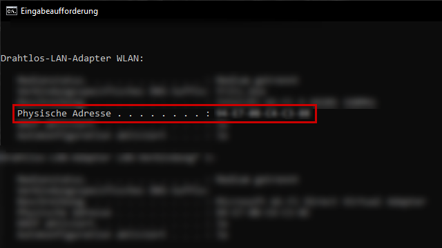 Netzwerkinformationen in der Windows-Eingabeaufforderung, physische Adresse hervorgehoben