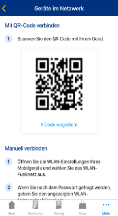 Verbindungsoptionen für Geräte mit Netzwerk (QR-Code oder manuell).