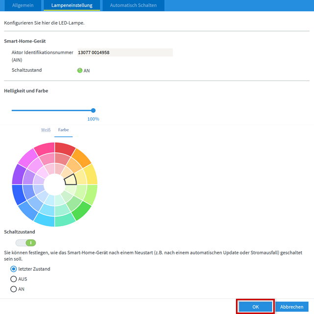 Lampeneinstellungen im Menü der FritzBox