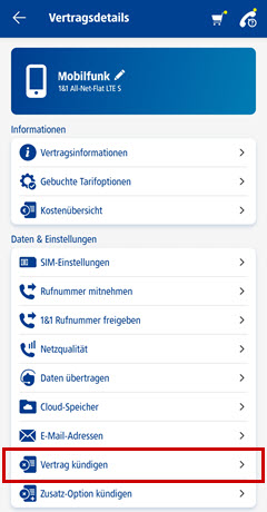 Control-Center-App: Vertrag kündigen hervorgehoben