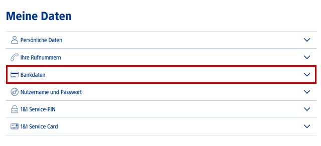 Control-Center Menü :Meine Daten Ausklappmenü, Bankdaten hervorgehoben