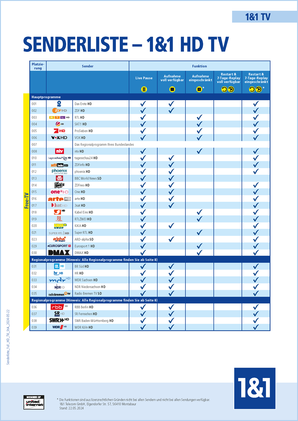 Senderliste HD TV ohne 1&1 Internet-Anschluss