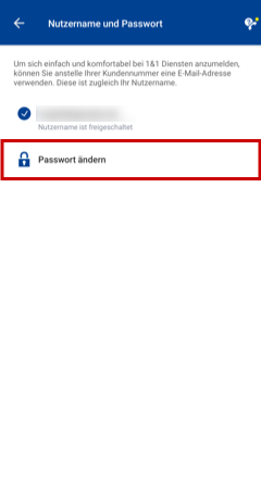 Menü für Nutzername und Passwort, Passwort ändern hervorgehoben