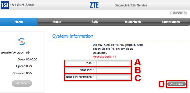 PUK eingeben, neue PIN vergeben und neue PIN bestätigen