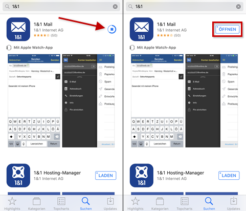 1&1 Mail-App installieren und öffnen, roter Pfeil zeigt auf Installationsfortschritt, "Öffnen"-Schaltfläche mit rotem Rand hervorgehoben.