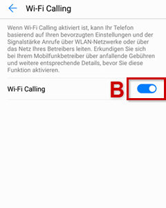 Wi-Fi Calling (B) ist mit rotem Rahmen hervorgehoben
