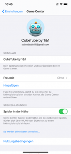 Screenshot von den Einstellungen der iOS Gamecenter