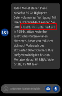 Beispiel für eine SMS von 1&1 bei aufgebrauchtem Highspeed-Datenvolumen, mit hervorgehobener Beispiel-URL