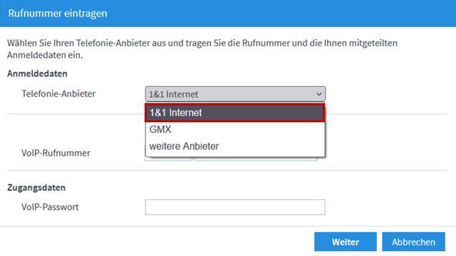 Auswahl des Telefonie-Anbieters, 1&1 Internet hervorgehoben