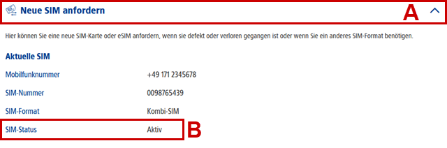Vertragseinstellungen eines Mobilfunkvertrages im 1&1 Control-Center. Abschnitt Neue SIM anfordern.