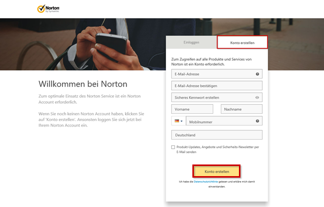 Erstellen eines Norton Kontos, der Button Konto erstellen ist markiert