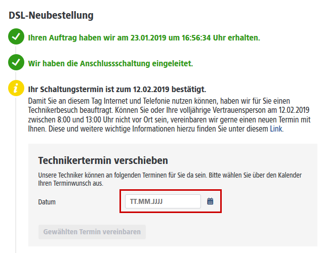 Eingabefeld für "Datum" ist mit rotem Rand hervorgehoben.