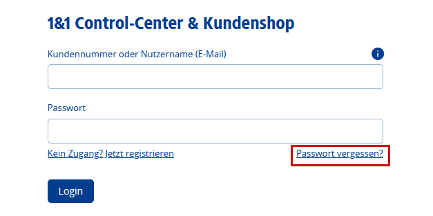 Die Login Seite des Control-Center, Passwort vergessen ist hervorgehoben