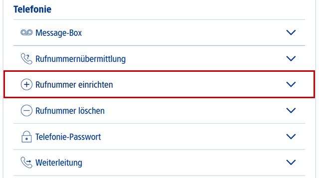 Vertragseinstellungen, Ausklappmenü zur Rufnummerneinrichtung hervorgehoben