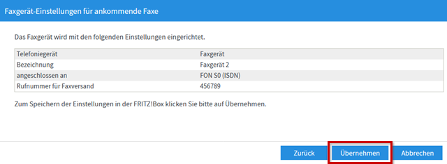 Faxgerät-Einstellungen - "Übernehmen" unten rechts mit rotem Rand hervorgehoben.