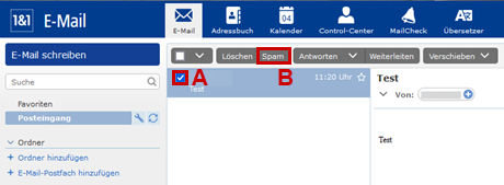 Posteingang des 1&1 Webmailers, Checkbox für exemplarische E-Mail und Spam-Button hervorgehoben