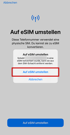 Auf eSIM umstellen ist markiert