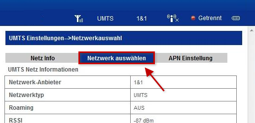 Software des 1&1 WLAN-Routers > Netzwerk auswählen umrahmt