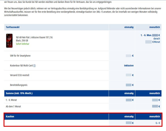 Kaution: Bestellung mit Kautionsbetrag