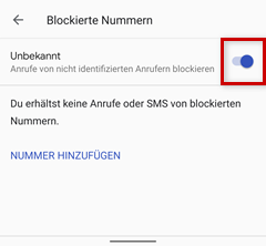 Schieberegler, um unbekannte Anrufer zuzulassen oder abzulehnen.