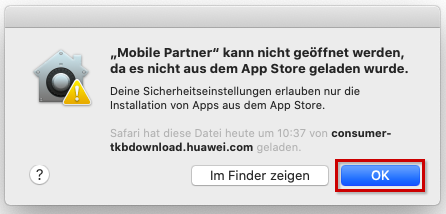 Sicherheitshinweis zu Download der App, da diese nicht aus dem App Store geladen wird. Hervorhebung des Felds OK.